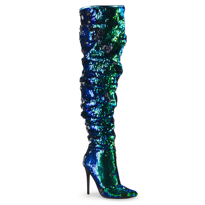 Pleaser COURTLY-3011 Green Iridescent Sequins Sequin Thigh High Boots - 5 Inch Heels
