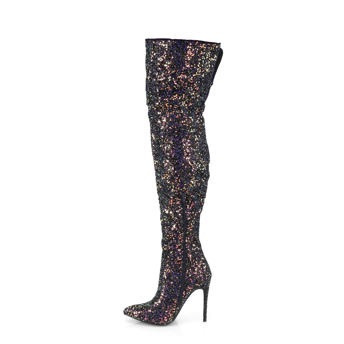 Pleaser COURTLY-3015 Black Multicolour Glitter Glitter Thigh High Boots - 5 Inch Heels