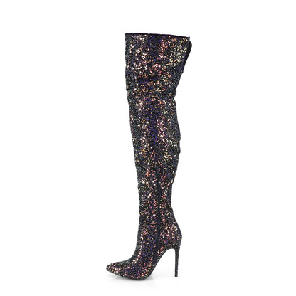 Pleaser COURTLY-3015 Black Multicolour Glitter Glitter Thigh High Boots - 5 Inch Heels