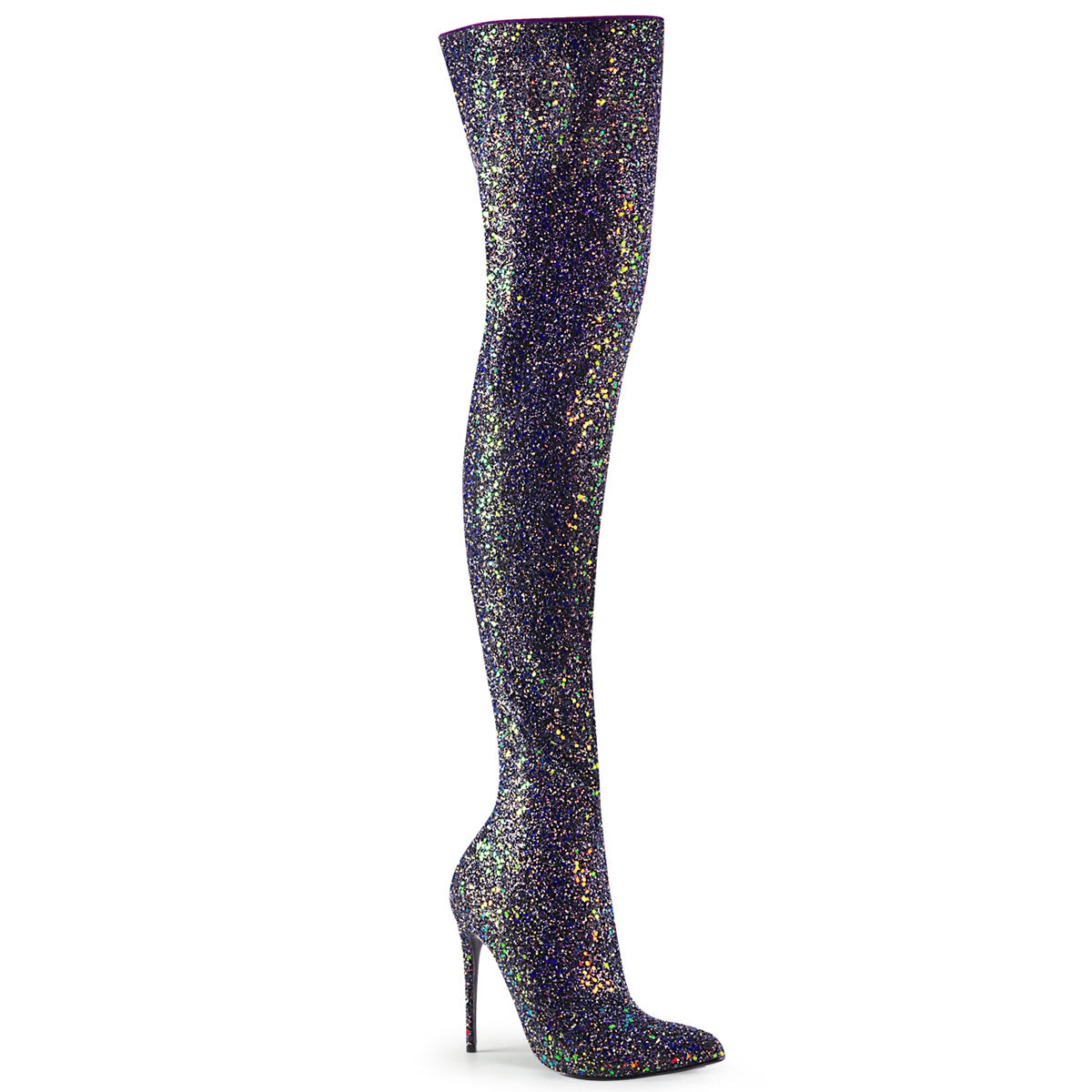 Pleaser COURTLY-3015 Black Multicolour Glitter Glitter Thigh High Boots - 5 Inch Heels