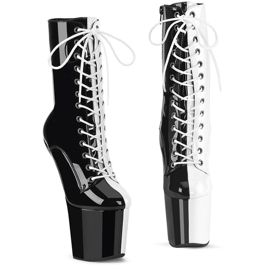 CRAZE-1040TT Pleaser Black White 8 Inch Fetish Dancer Ankle Boots Blk-Wht Pat Blk-Wht