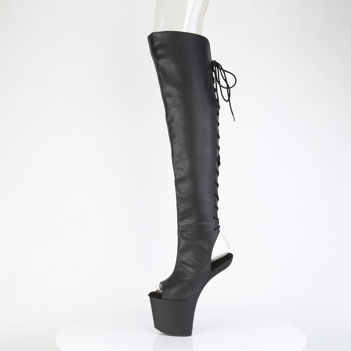 Pleaser CRAZE-3019 Black / Black Matte Lace-Up Open Toe Platform Over the Knee Boots - 8 Inch Heels