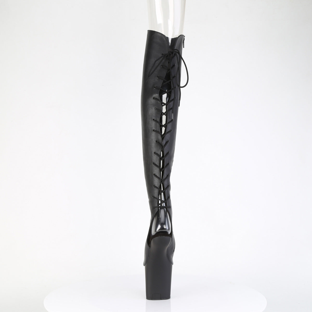 Pleaser CRAZE-3019 Black / Black Matte Lace-Up Open Toe Platform Over the Knee Boots - 8 Inch Heels