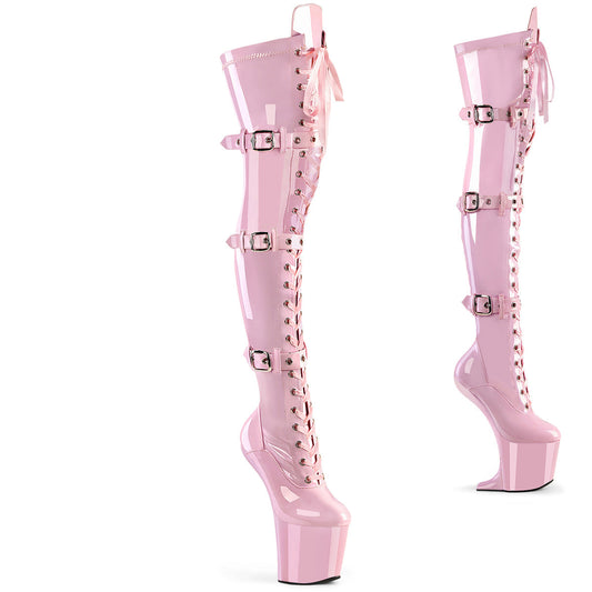 CRAZE-3028 Pleaser Baby Pink 8 Inch High Impact Thigh High Boots B. Pink Str. Pat B. Pink