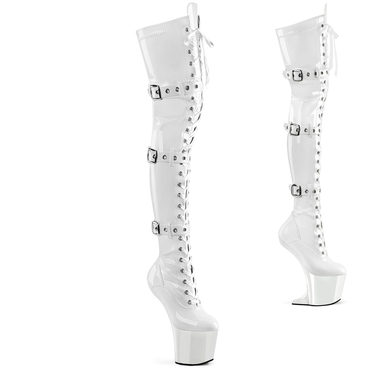 Pleaser CRAZE-3028 White Lace-Up Platform Thigh High Boots - 8 Inch Heels