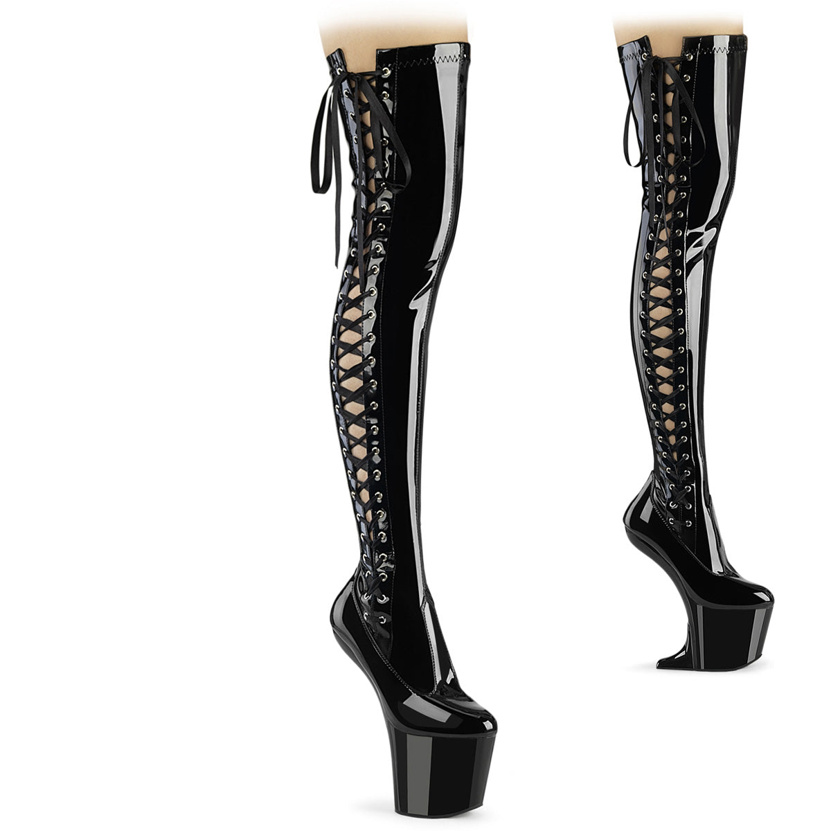 Pleaser CRAZE-3050 Black Lace-Up Platform Thigh High Boots - 8 Inch Heels