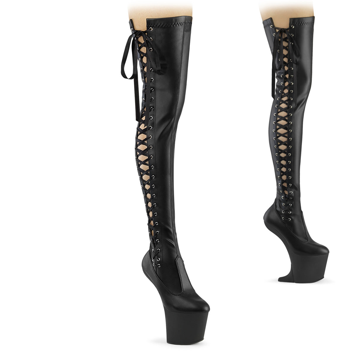 Pleaser CRAZE-3050 Black / Black Matte Lace-Up Platform Thigh High Boots - 8 Inch Heels