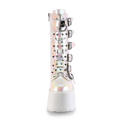 Demonia DAMNED-225 Pearl Iridescent Lace-Up Platform Mid Calf Boots