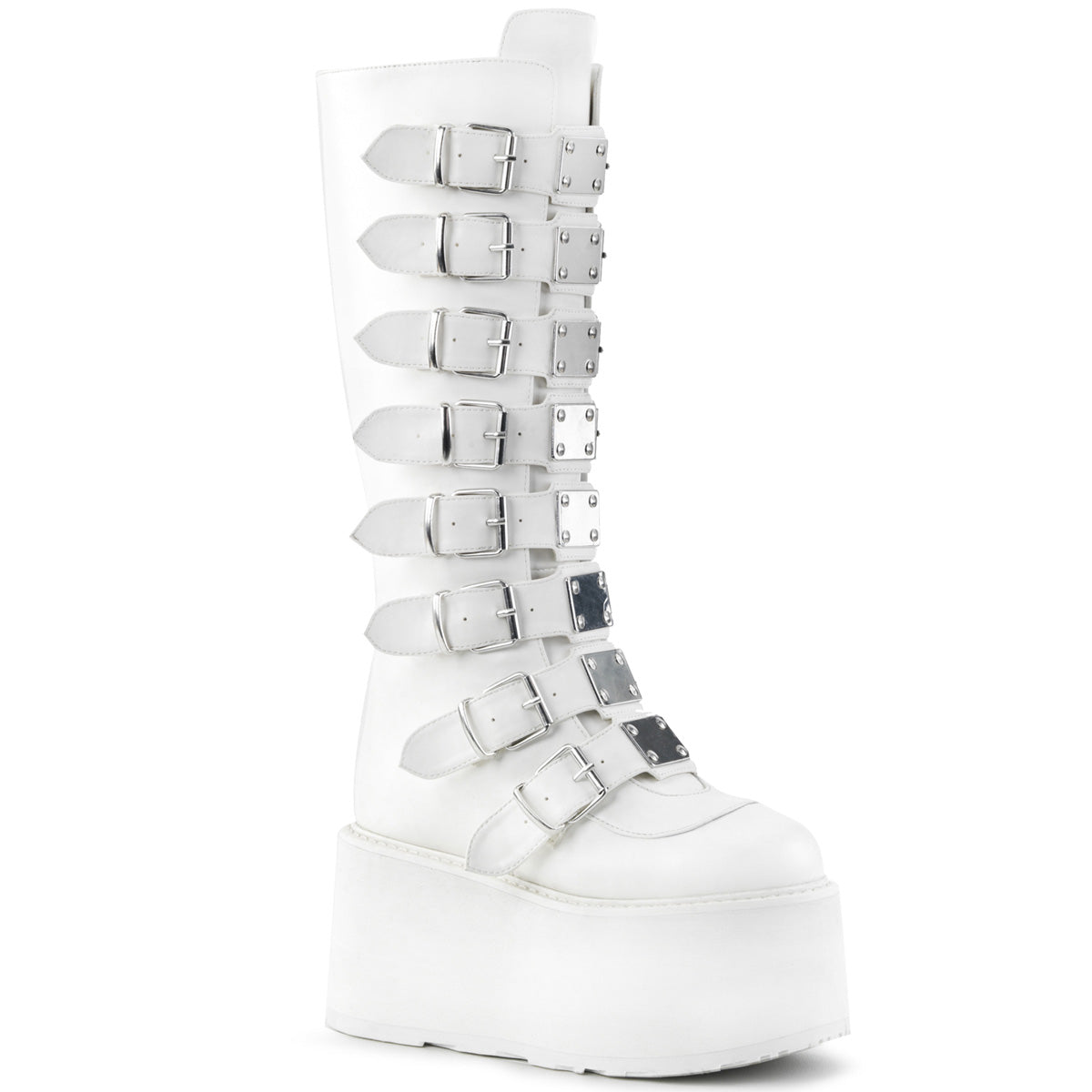DAMNED-318 Demonia Cult White Alternative Knee High Boots Wht Vegan Leather