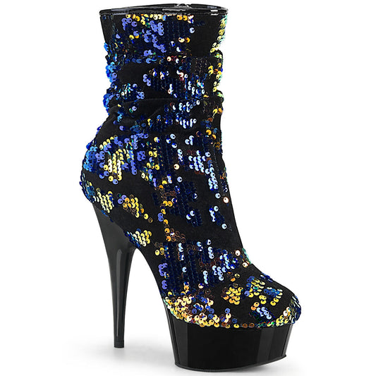 DELIGHT-1004 Pleaser Blue 6 Inch Exotic Dance Ankle Boots Blue Iridescent Sequins Black