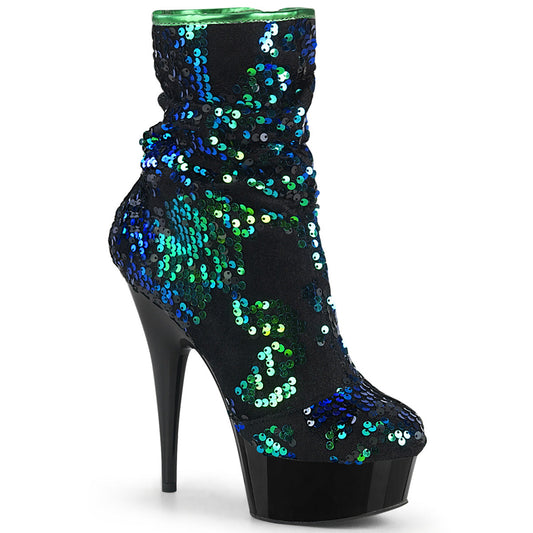 DELIGHT-1004 Pleaser Green Sequins 6 Inch Pole Dance Ankle Boots Green Iridescent Sequins Black