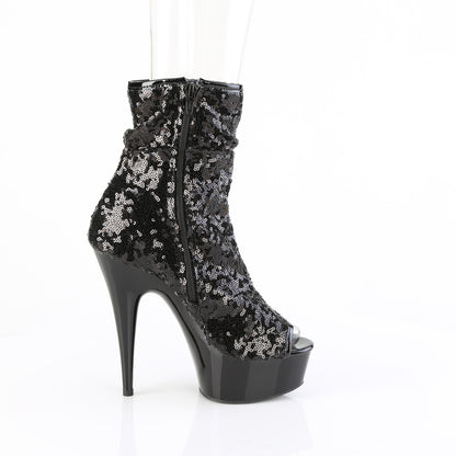 Pleaser DELIGHT-1008SQ Black Sequins / Black Matte Peep Toe Platform Ankle Boots - 6 Inch Heels