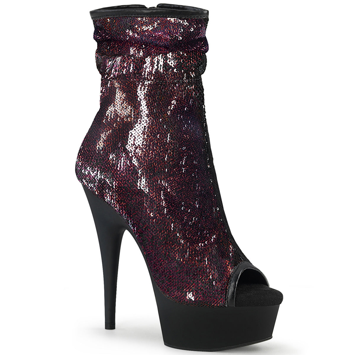 DELIGHT-1008SQ Pleaser Burgundy 6 Inch High Impact Ankle Boots Burgundy Sequins Black Matte