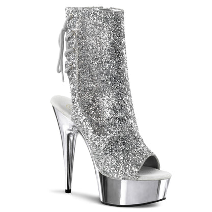 Pleaser DELIGHT-1018G Silver Glitter / Silver Chrome Glitter Lace-Up Platform Ankle Boots - 6 Inch Heels