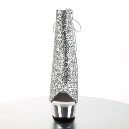 Pleaser DELIGHT-1018G Silver Glitter / Silver Chrome Glitter Lace-Up Platform Ankle Boots - 6 Inch Heels