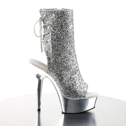 Pleaser DELIGHT-1018G Silver Glitter / Silver Chrome Glitter Lace-Up Platform Ankle Boots - 6 Inch Heels