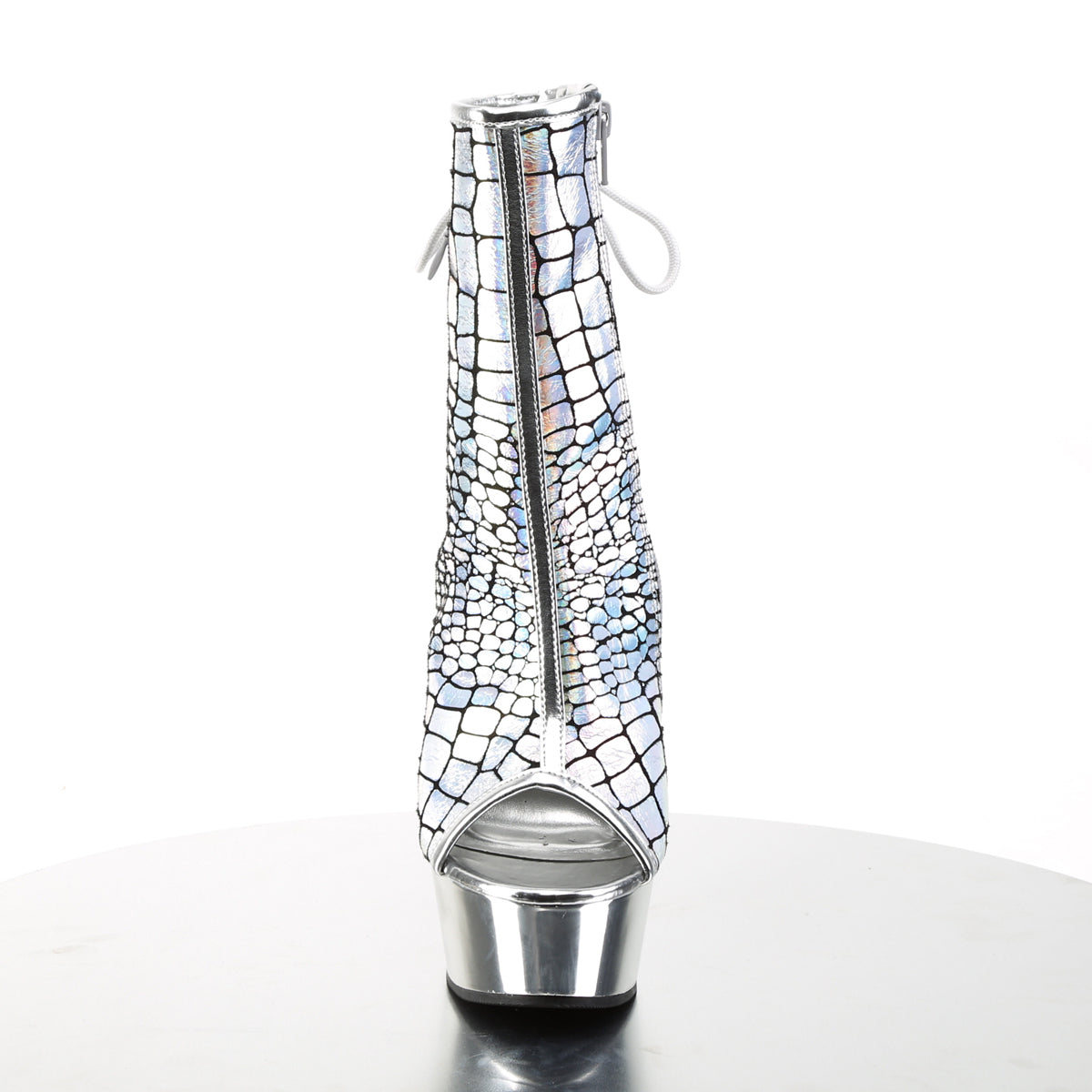 Pleaser DELIGHT-1018HG Silver Holographic Ostrich / Silver Chrome Lace-Up Open Toe Platform Ankle Boots - 6 Inch Heels