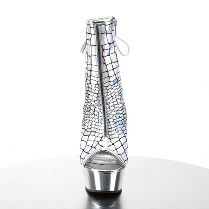 Pleaser DELIGHT-1018HG Silver Holographic Ostrich / Silver Chrome Lace-Up Open Toe Platform Ankle Boots - 6 Inch Heels