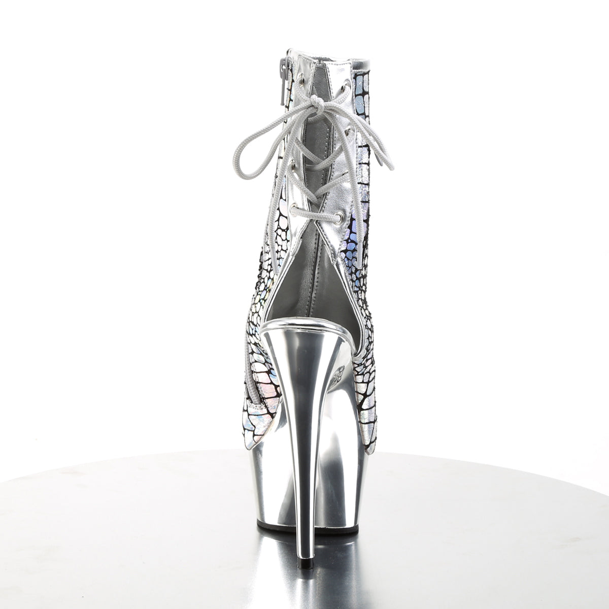 Pleaser DELIGHT-1018HG Silver Holographic Ostrich / Silver Chrome Lace-Up Open Toe Platform Ankle Boots - 6 Inch Heels