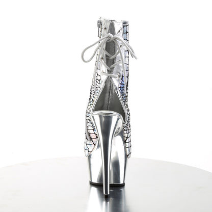 Pleaser DELIGHT-1018HG Silver Holographic Ostrich / Silver Chrome Lace-Up Open Toe Platform Ankle Boots - 6 Inch Heels