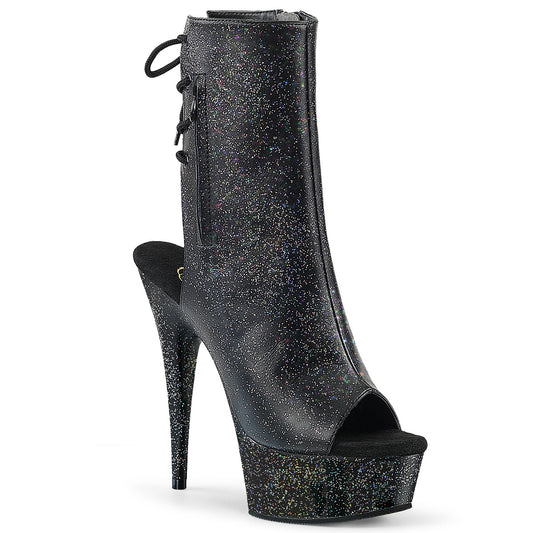 Pleaser DELIGHT-1018MMG Black / Black Matte Glitter Open Toe Platform Ankle Boots - 6 Inch Heels