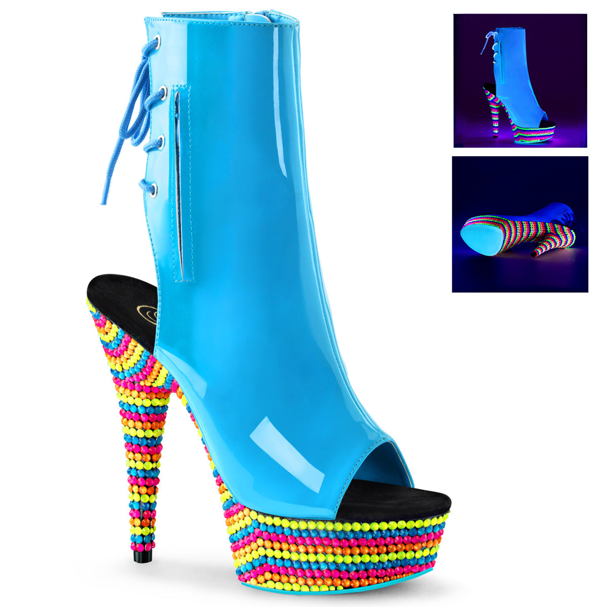 DELIGHT-1018RBS Pleaser Neon Blue High Fashiom Ankle Boots Neon Blue Pat Neon Multi
