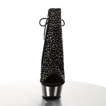 Pleaser DELIGHT-1018RS Black -Pewter Rhinestones / Pewter Chrome Rhinestone Open Toe Platform Ankle Boots - 6 Inch Heels