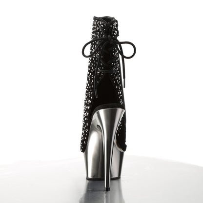 Pleaser DELIGHT-1018RS Black -Pewter Rhinestones / Pewter Chrome Rhinestone Open Toe Platform Ankle Boots - 6 Inch Heels