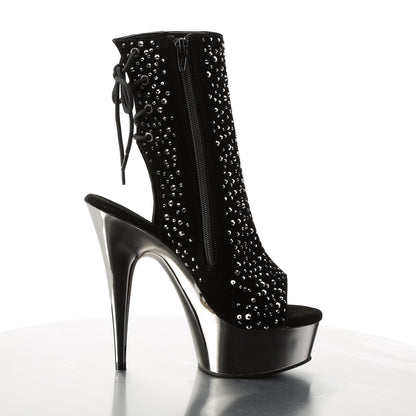 Pleaser DELIGHT-1018RS Black -Pewter Rhinestones / Pewter Chrome Rhinestone Open Toe Platform Ankle Boots - 6 Inch Heels