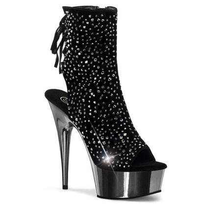 DELIGHT-1018RS Pleaser Black 6 Inch Pole Dance Ankle Boots Black Velvet-Pewter Rhinestones Pewter Chrome