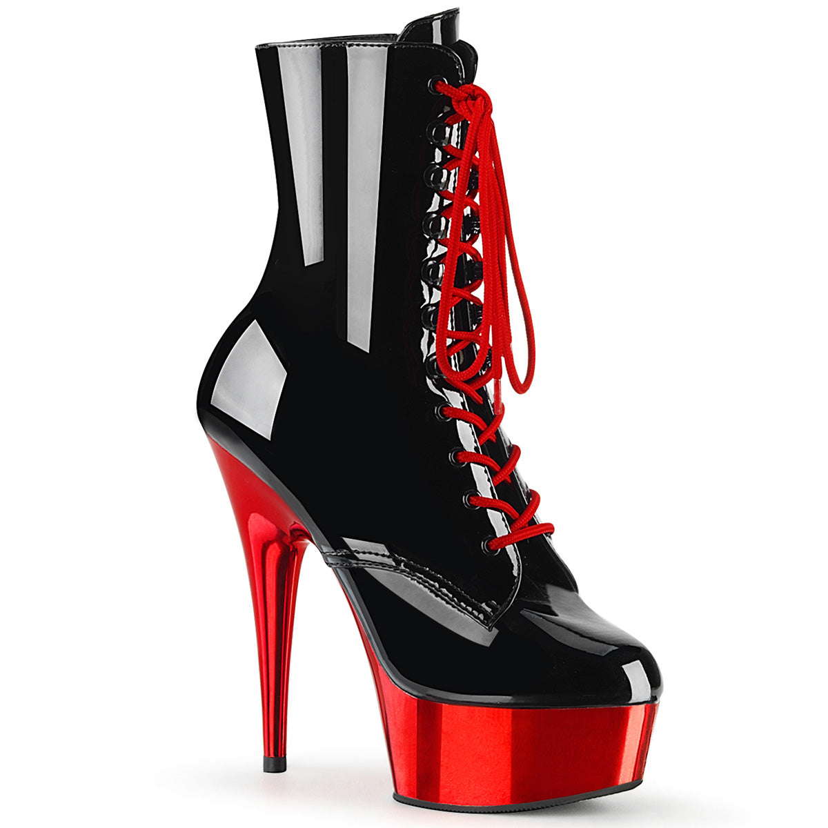 DELIGHT-1020 Pleaser Black Red 6 Inch Stratement Ankle Boots Black Patent Red Chrome