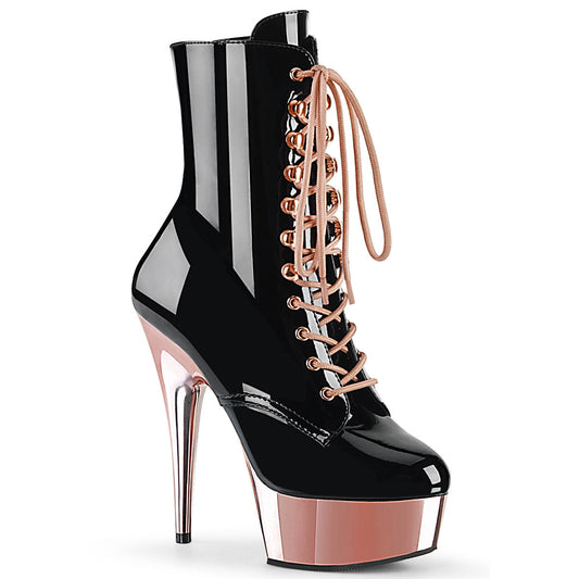 DELIGHT-1020 Pleaser Black Rose 6 Inch High Fashiom Ankle Boots Black Patent Rose Gold Chrome