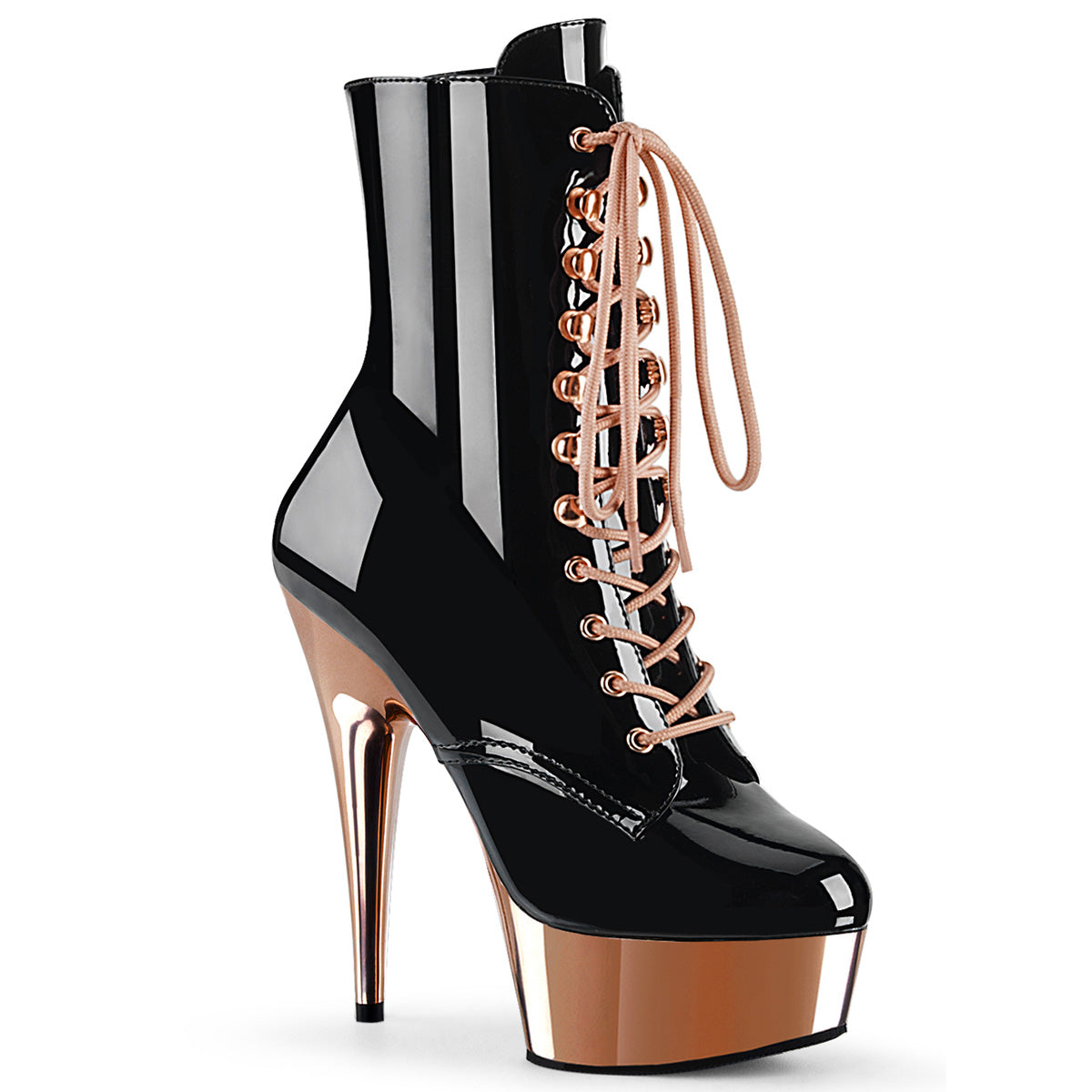 Pleaser DELIGHT-1020 Black / Rose Gold Chrome Lace-Up Platform Ankle Boots - 6 Inch Heels