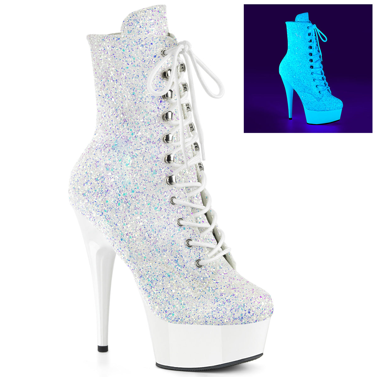 DELIGHT-1020LG Pleaser Neon White 6 Inch High Impact Ankle Boots Neon Wht Multi Glitter Neon Wht