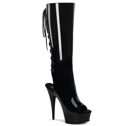 Pleaser DELIGHT-2018 Black Lace-Up Open Toe Platform Knee High Boots - 6 Inch Heels