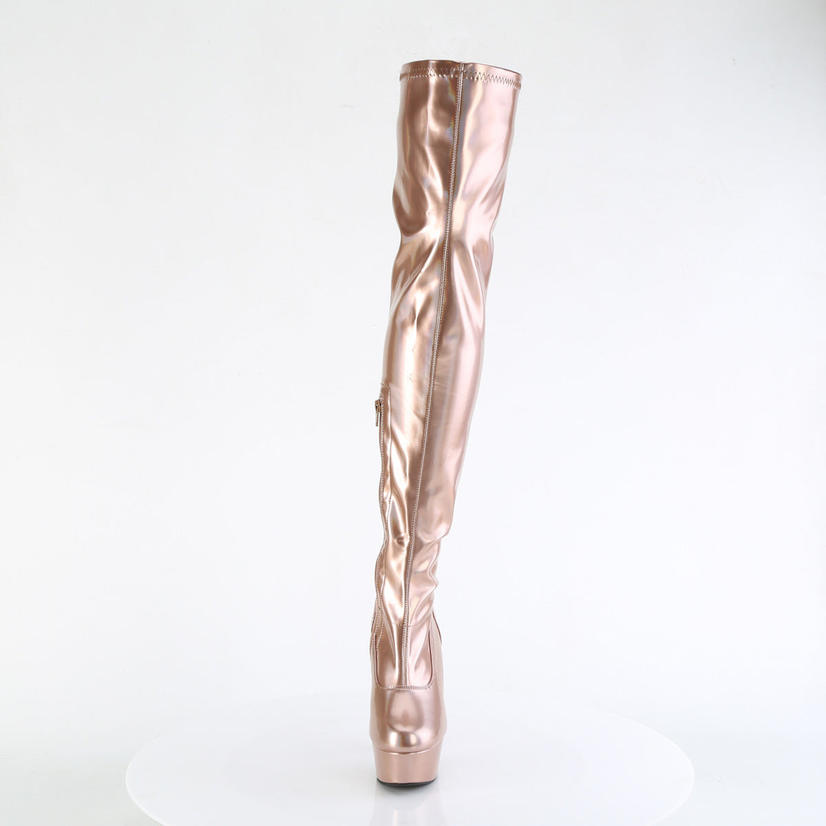Pleaser DELIGHT-3000HWR Rose Gold Holographic Platform Thigh High Boots - 6 Inch Heels
