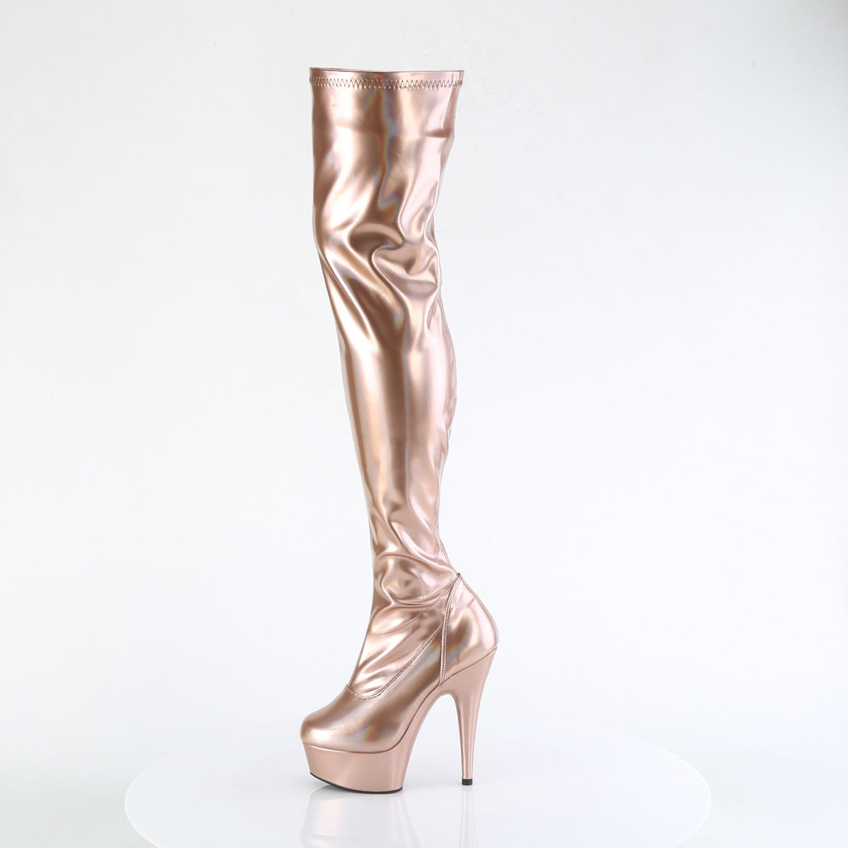 Pleaser DELIGHT-3000HWR Rose Gold Holographic Platform Thigh High Boots - 6 Inch Heels