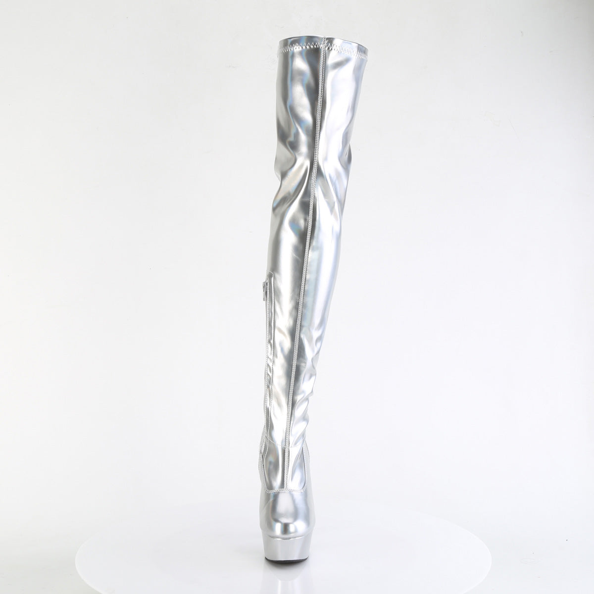 Pleaser DELIGHT-3000HWR Silver Holographic Platform Thigh High Boots - 6 Inch Heels