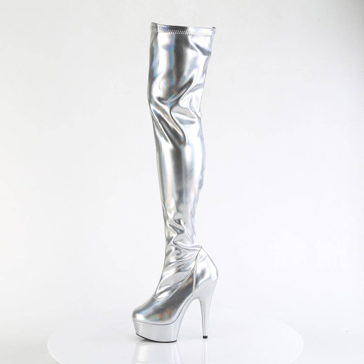 Pleaser DELIGHT-3000HWR Silver Holographic Platform Thigh High Boots - 6 Inch Heels