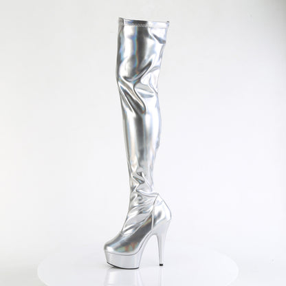 Pleaser DELIGHT-3000HWR Silver Holographic Platform Thigh High Boots - 6 Inch Heels