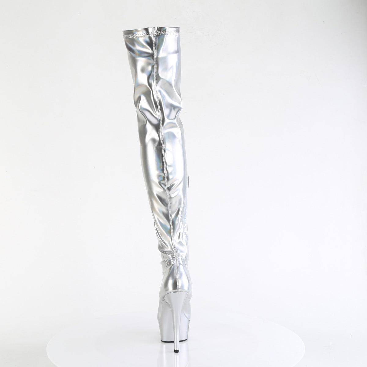 Pleaser DELIGHT-3000HWR Silver Holographic Platform Thigh High Boots - 6 Inch Heels