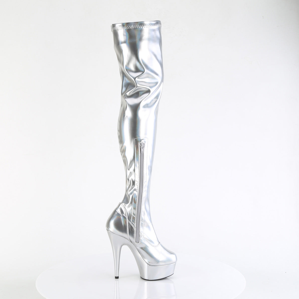 Pleaser DELIGHT-3000HWR Silver Holographic Platform Thigh High Boots - 6 Inch Heels