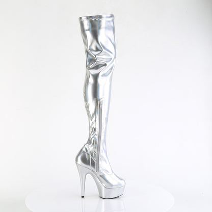 Pleaser DELIGHT-3000HWR Silver Holographic Platform Thigh High Boots - 6 Inch Heels