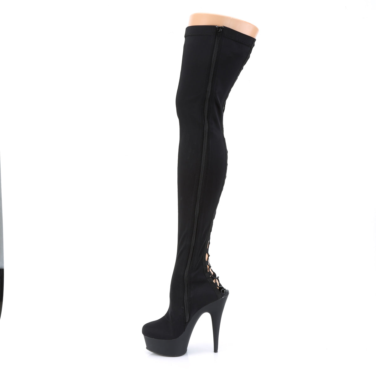 Pleaser DELIGHT-3003 Black Lycra / Black Matte Lace-Up Platform Thigh High Boots - 6 Inch Heels