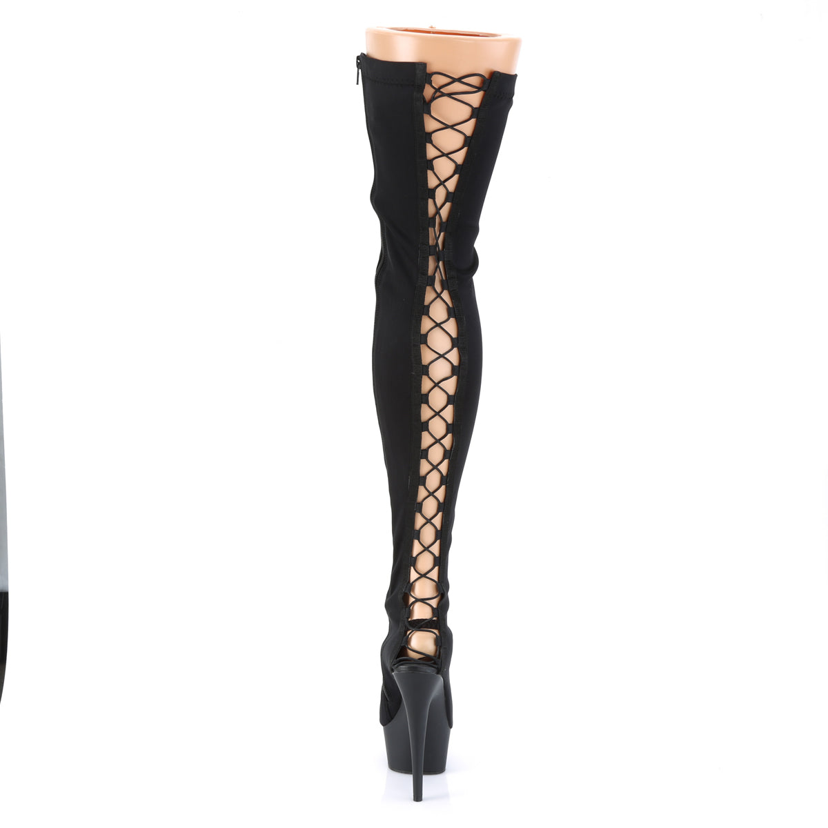 Pleaser DELIGHT-3003 Black Lycra / Black Matte Lace-Up Platform Thigh High Boots - 6 Inch Heels
