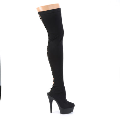 Pleaser DELIGHT-3003 Black Lycra / Black Matte Lace-Up Platform Thigh High Boots - 6 Inch Heels
