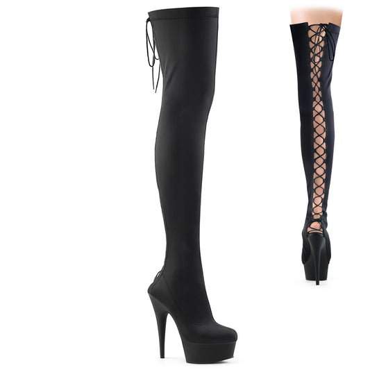 Pleaser DELIGHT-3003 Black Lycra / Black Matte Lace-Up Platform Thigh High Boots - 6 Inch Heels