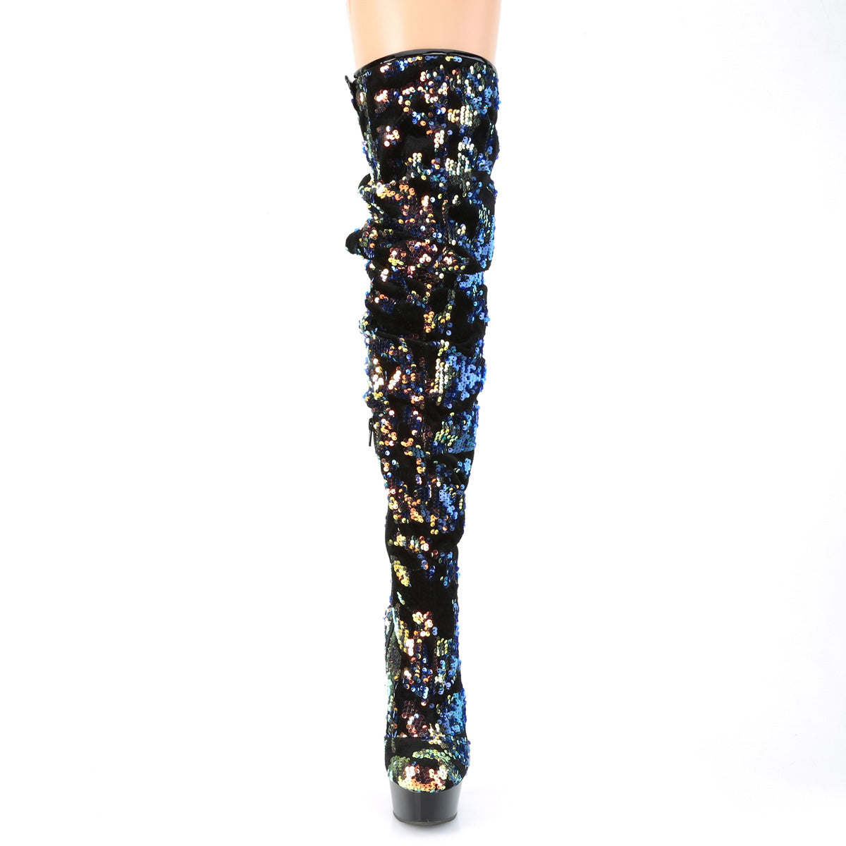Pleaser DELIGHT-3004 Blue Iridescent Sequins / Black Platform Thigh High Boots - 6 Inch Heels