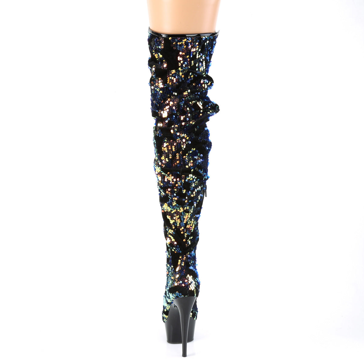 Pleaser DELIGHT-3004 Blue Iridescent Sequins / Black Platform Thigh High Boots - 6 Inch Heels