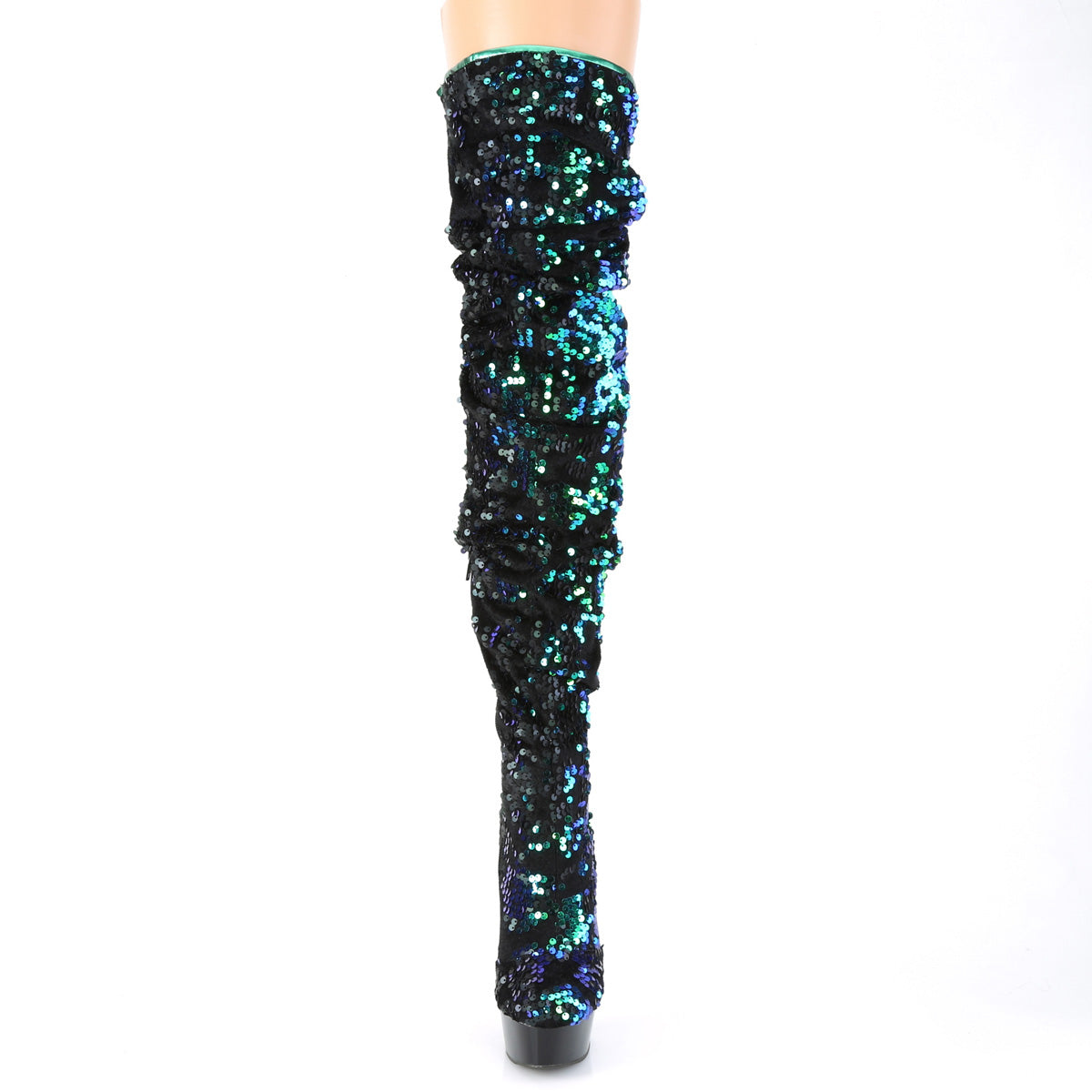 Pleaser DELIGHT-3004 Green Iridescent Sequins / Black Platform Thigh High Boots - 6 Inch Heels